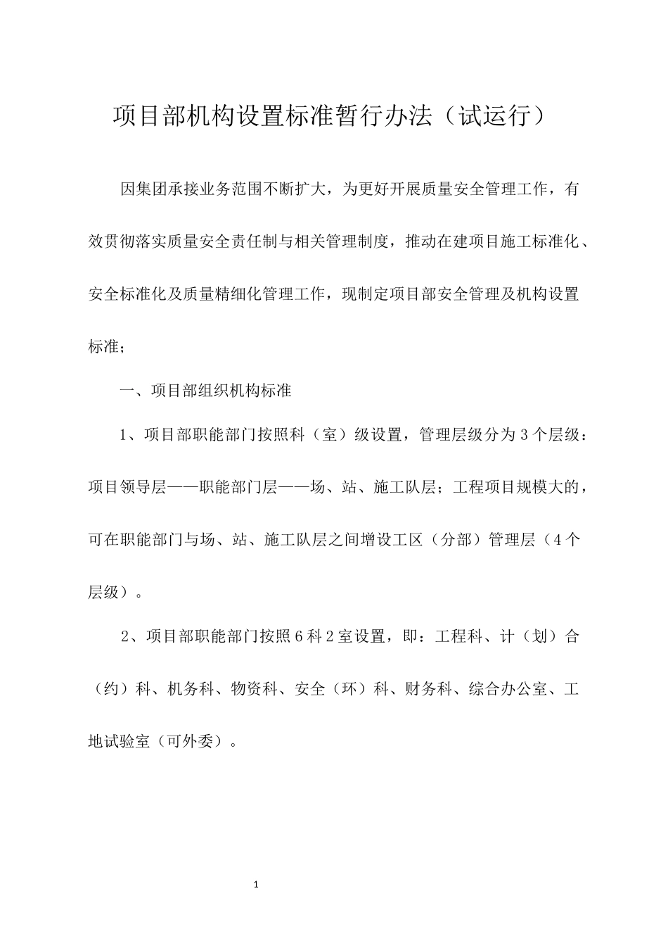 某公司项目部机构设置标准暂行办法_第1页