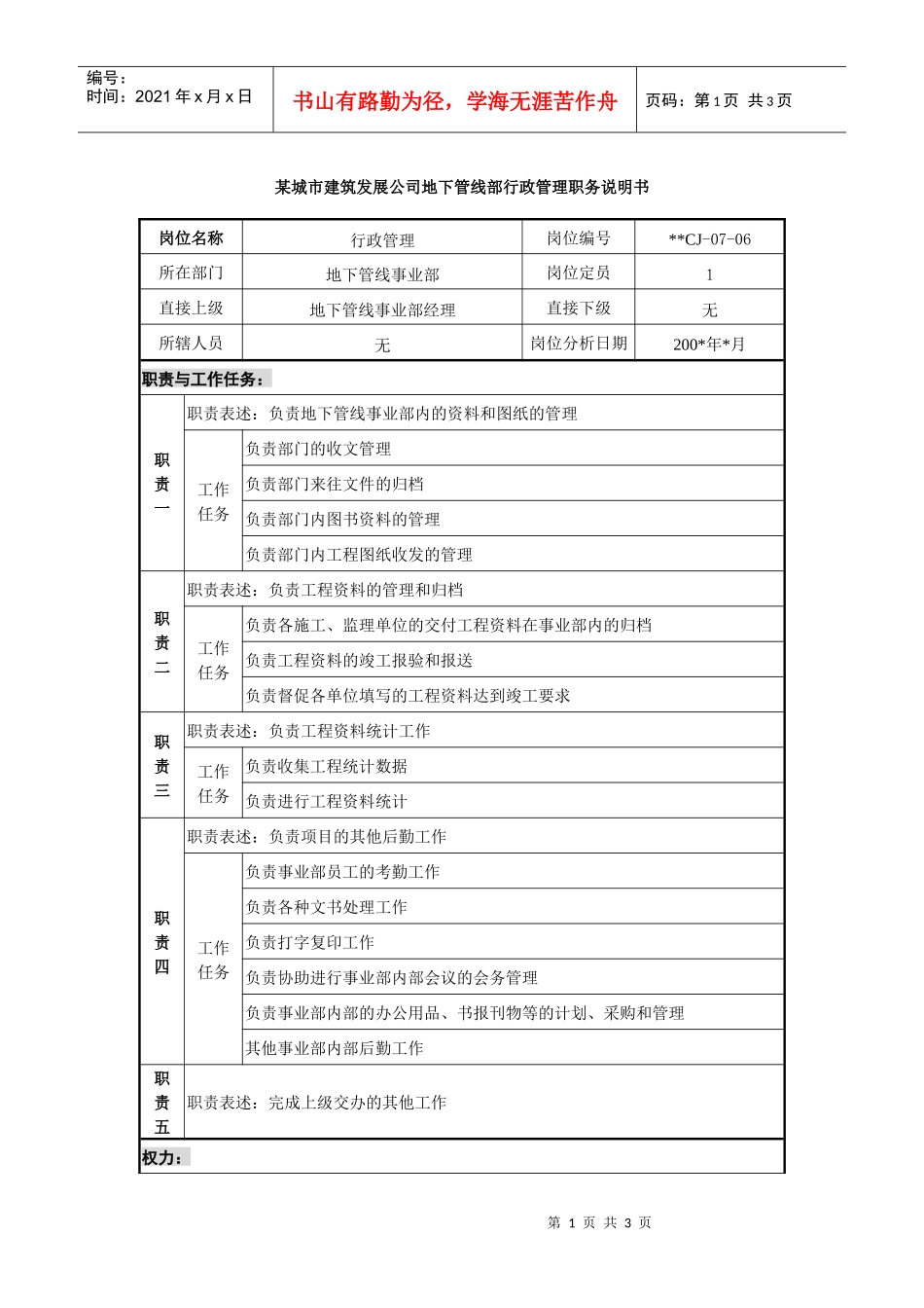 某城市建筑发展公司地下管线部行政管理职务说明书_第1页