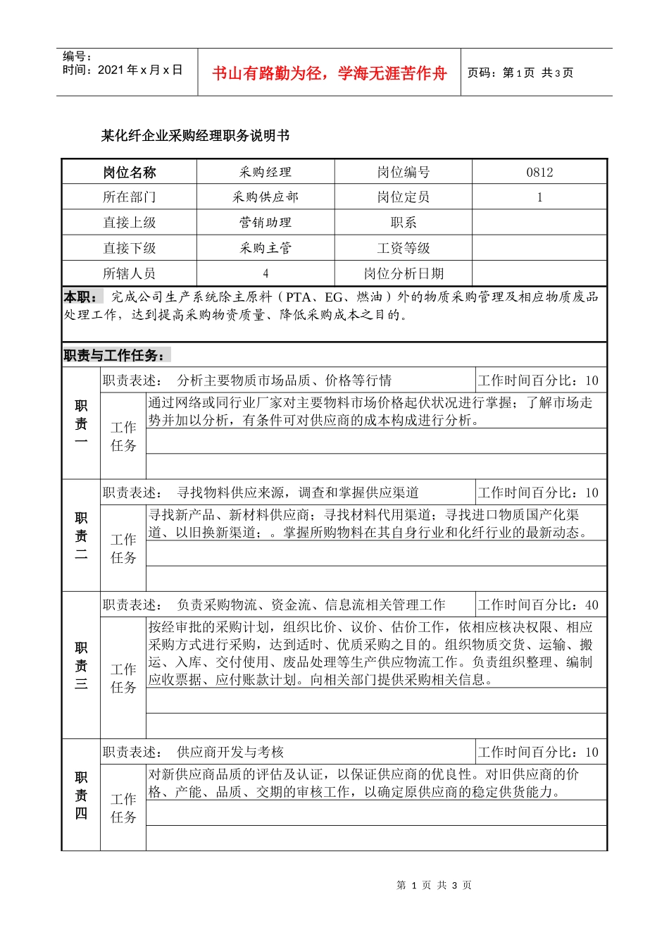 某化纤企业采购经理职务说明书_第1页