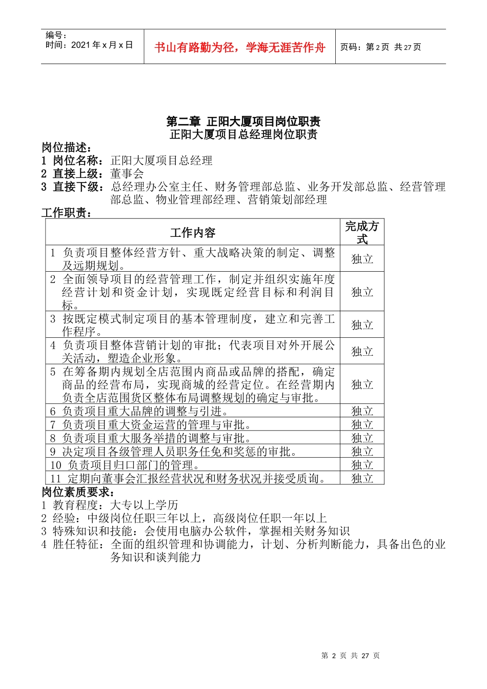 某大厦项目岗位职责与管理制度汇编_第2页