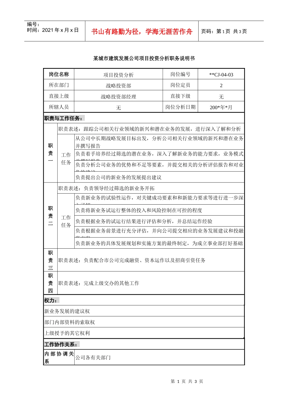 某城市建筑发展公司项目投资分析职务说明_第1页