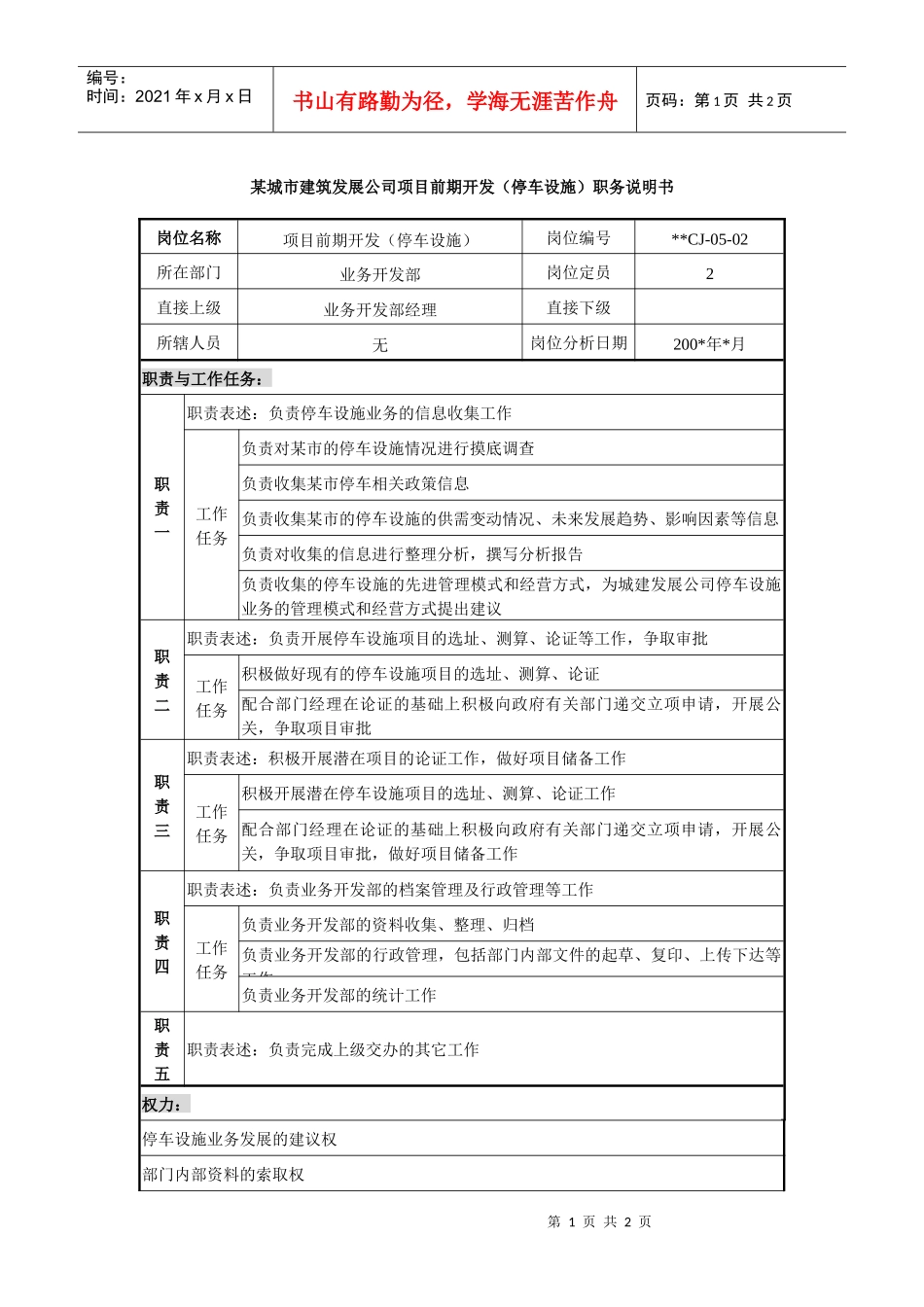 某城市建筑发展公司项目前期开发（停车设施）职务说明书_第1页