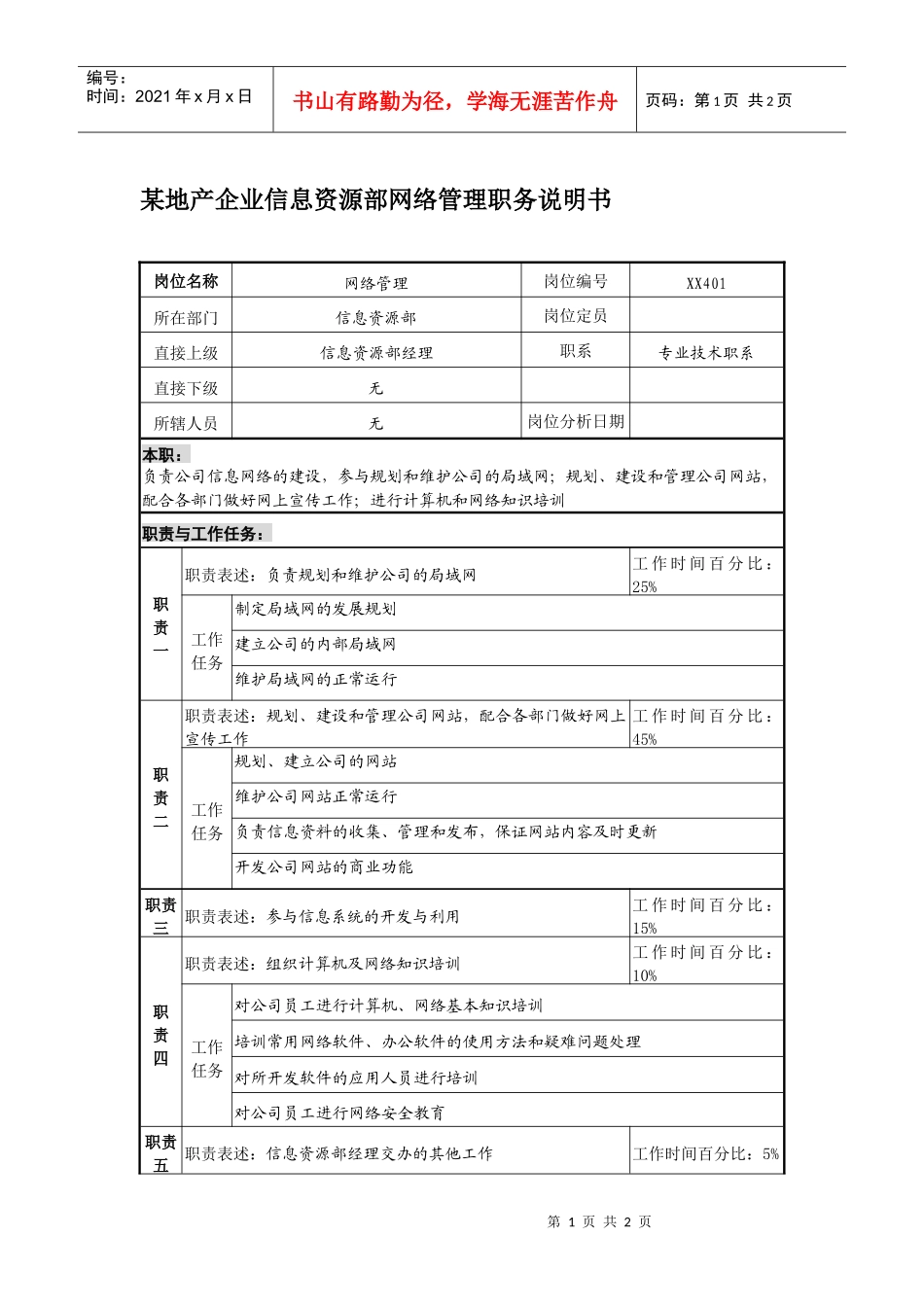 某地产企业信息资源部网络管理职务说明书_第1页