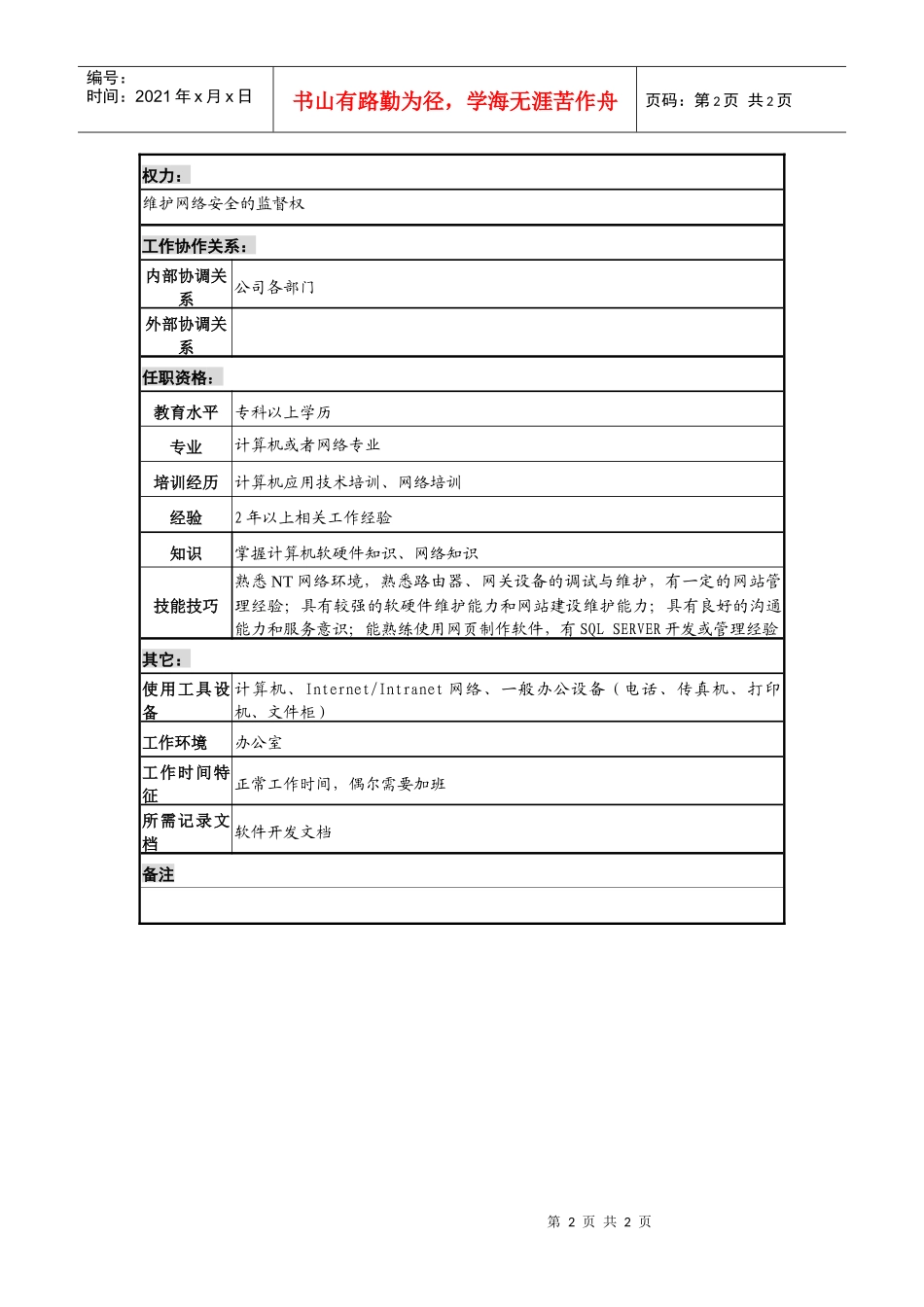 某地产企业信息资源部网络管理职务说明书_第2页