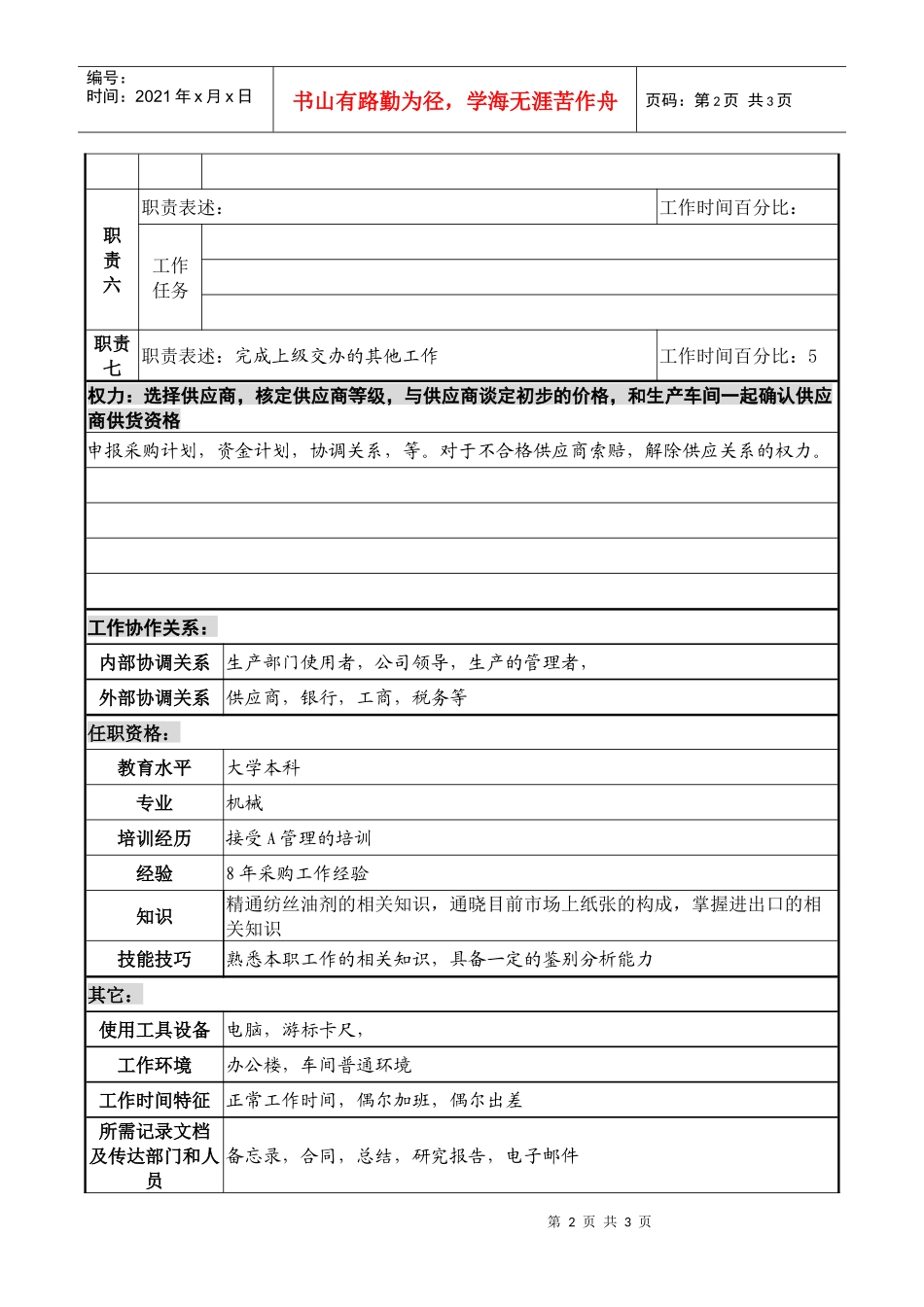 某化纤企业采购主管职务说明书_第2页