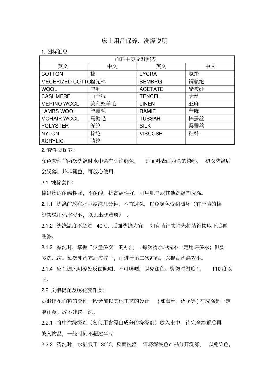 床上用品保养洗涤说明_第1页