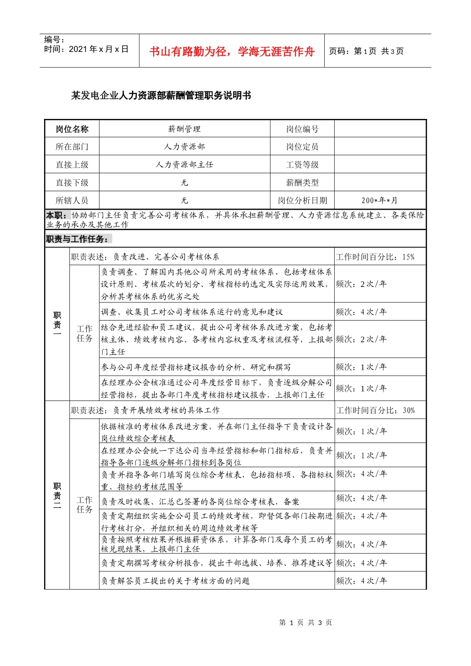 某发电企业人力资源部薪酬管理职务说明书_第1页