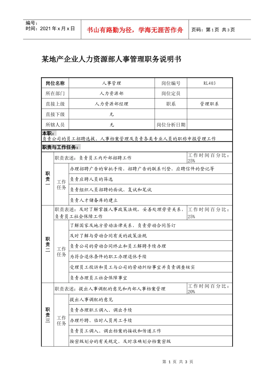 某地产企业人力资源部人事管理职务说明书_第1页