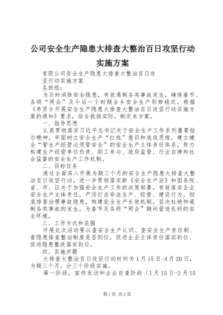 公司安全生产隐患大排查大整治百日攻坚行动方案