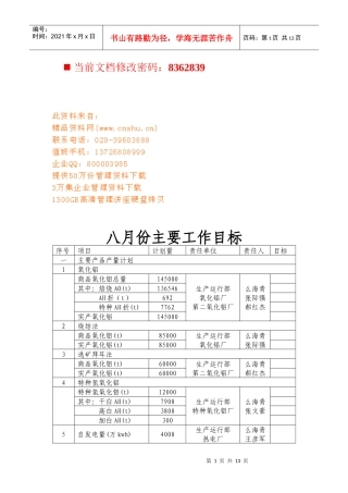 某化工企业月份主要工作目标管理