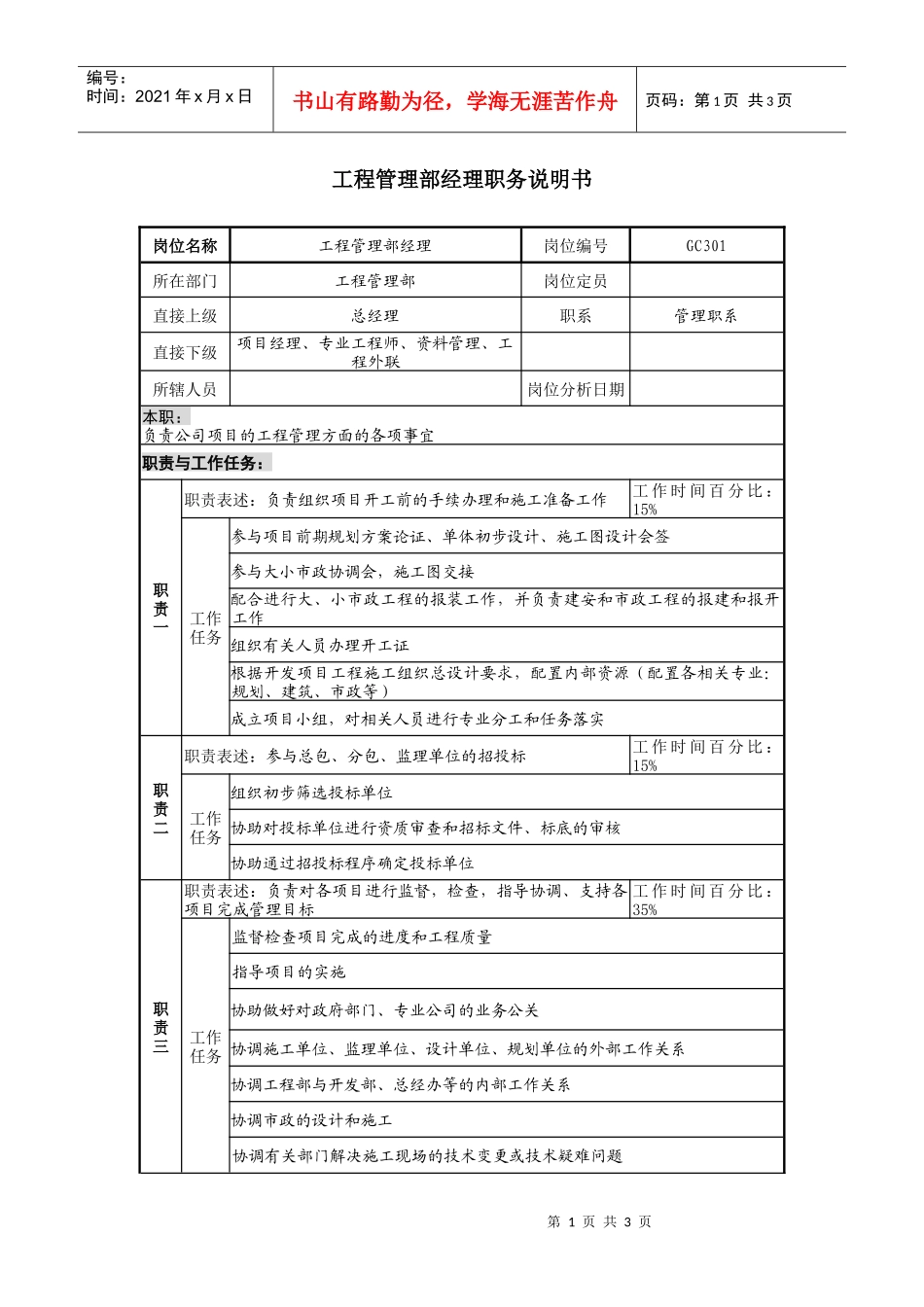某地产企业工程管理部经理岗位说明书_第1页