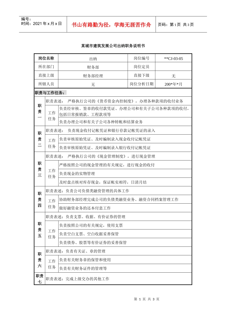 某城市建筑发展公司出纳职务说明书_第1页