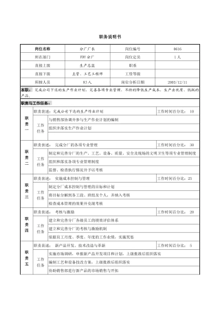 某咨询新丰化纤项目组分厂厂长职位说明书