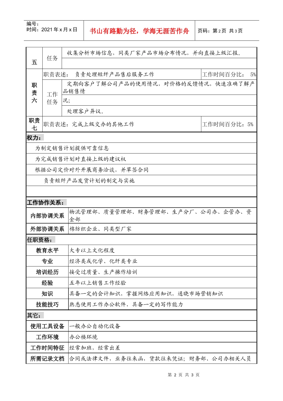 某化纤企业分公司短纤产品经理职务说明书_第2页