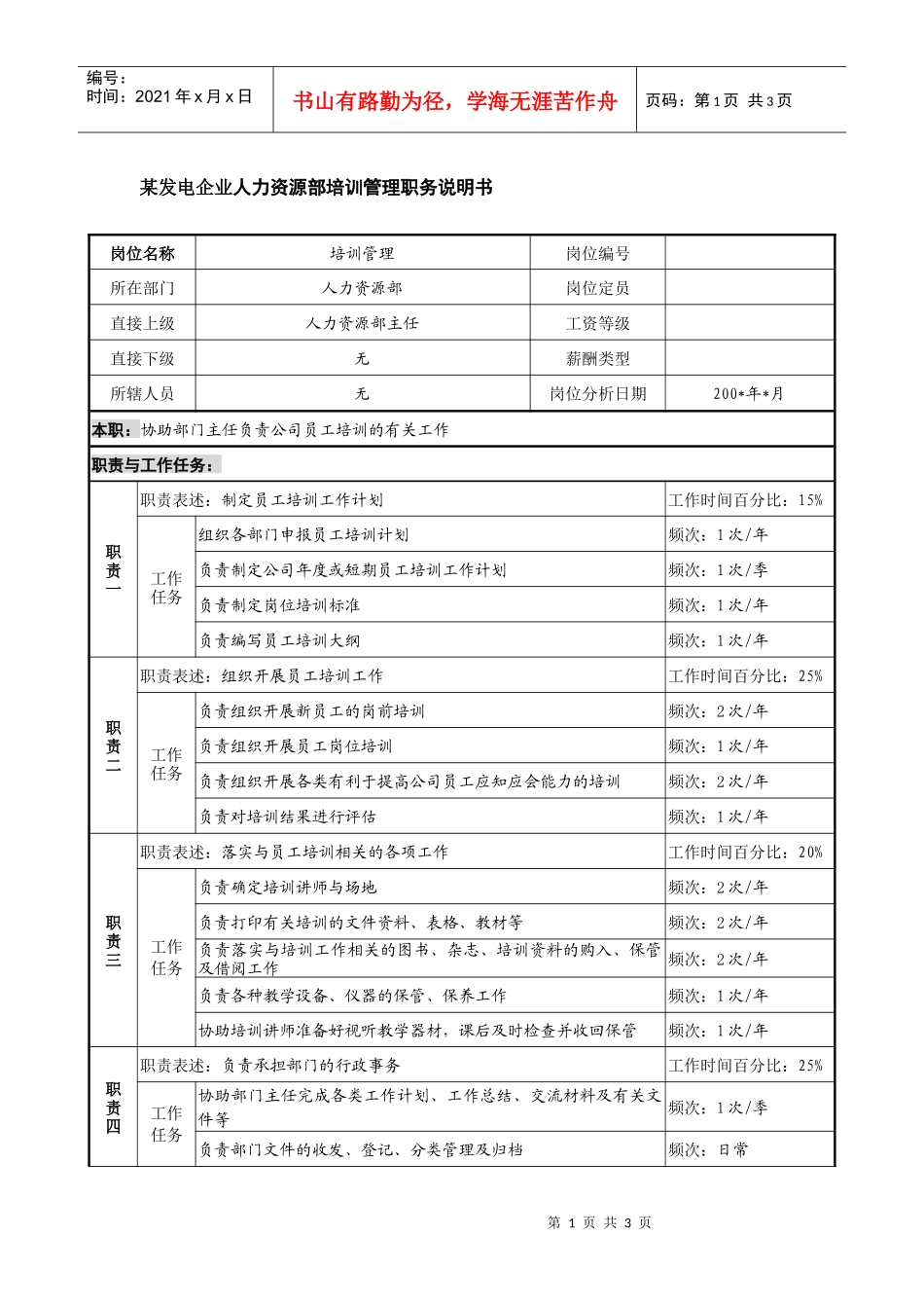 某发电企业人力资源部培训管理职务说明书_第1页