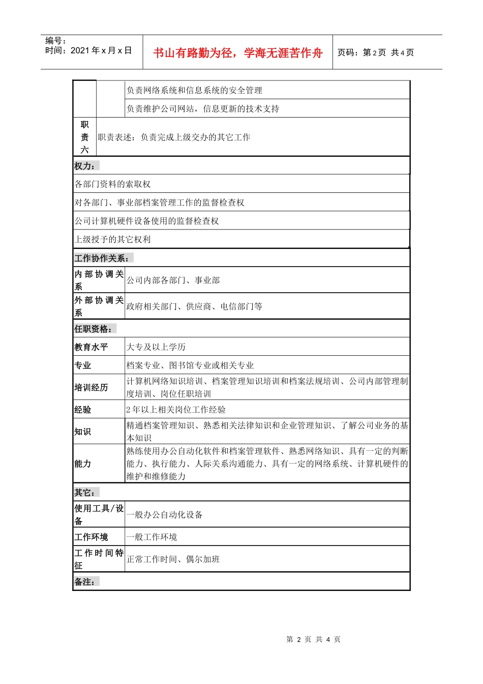 某城市建筑发展公司档案管理职务说明书_第2页