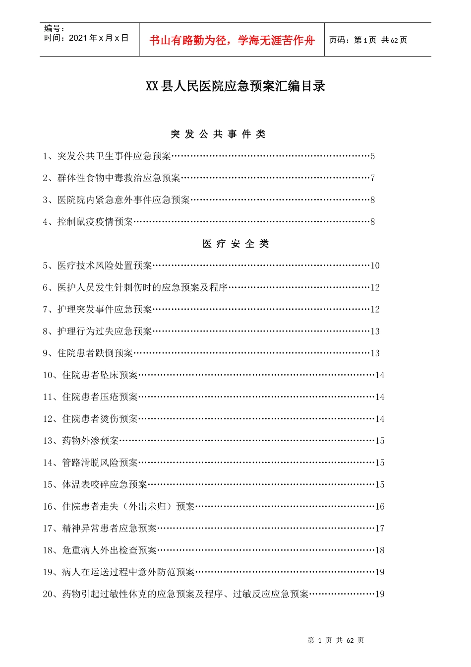 某县人民医院应急预案汇编目录_第1页