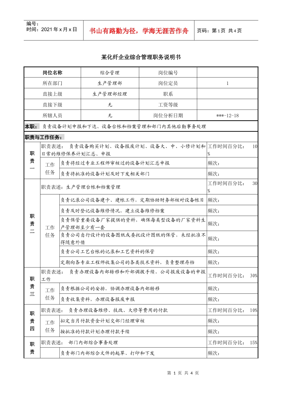 某化纤企业综合管理职务说明书_第1页