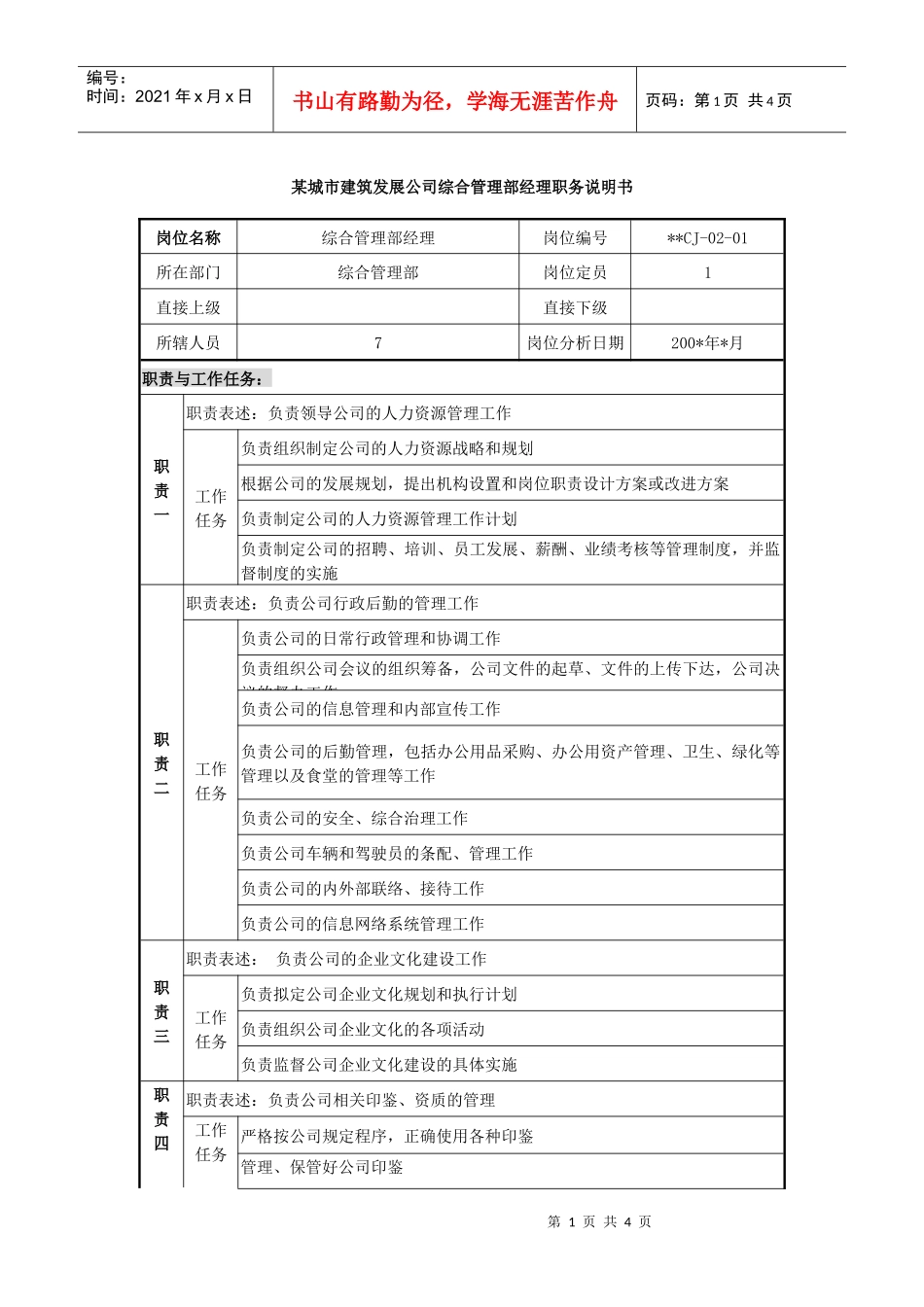 某城市建筑发展公司综合管理部经理职务说明书_第1页