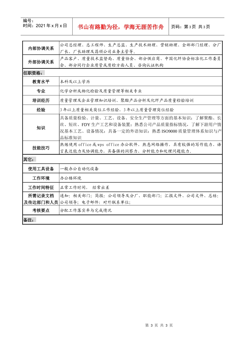 某化纤企业质量管理部经理职务说明书_第3页