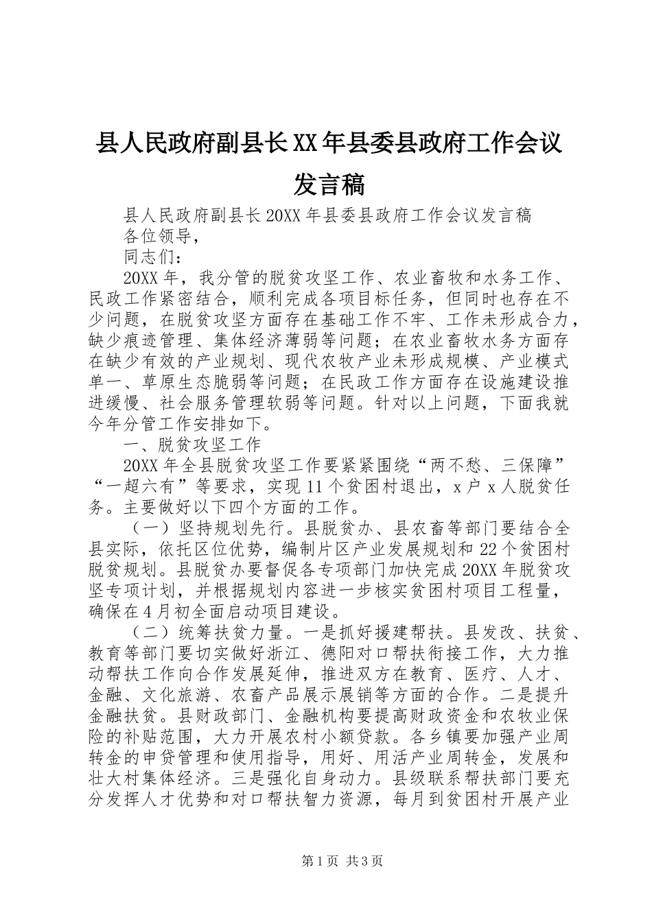 县人民政府副县长县委县政府工作会议讲话稿_第1页