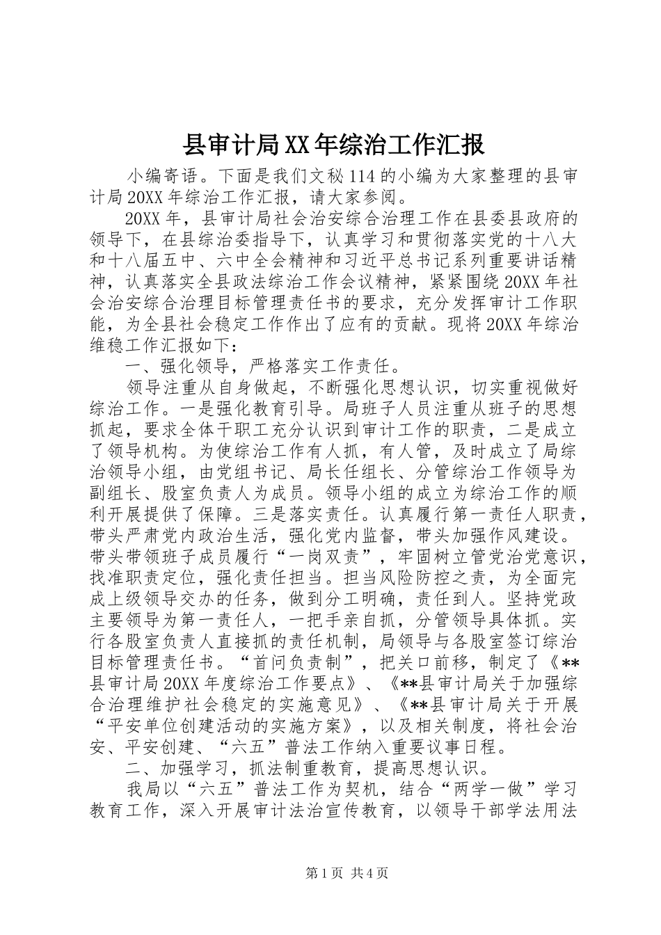 县审计局综治工作汇报_第1页