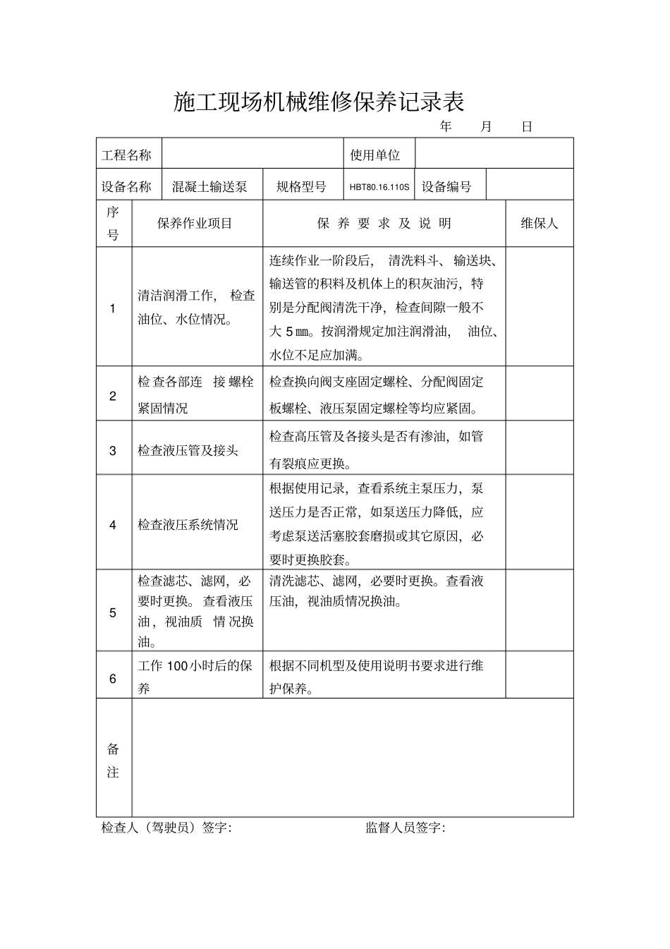 常见机械设备维修保养记录表(范本)_第1页