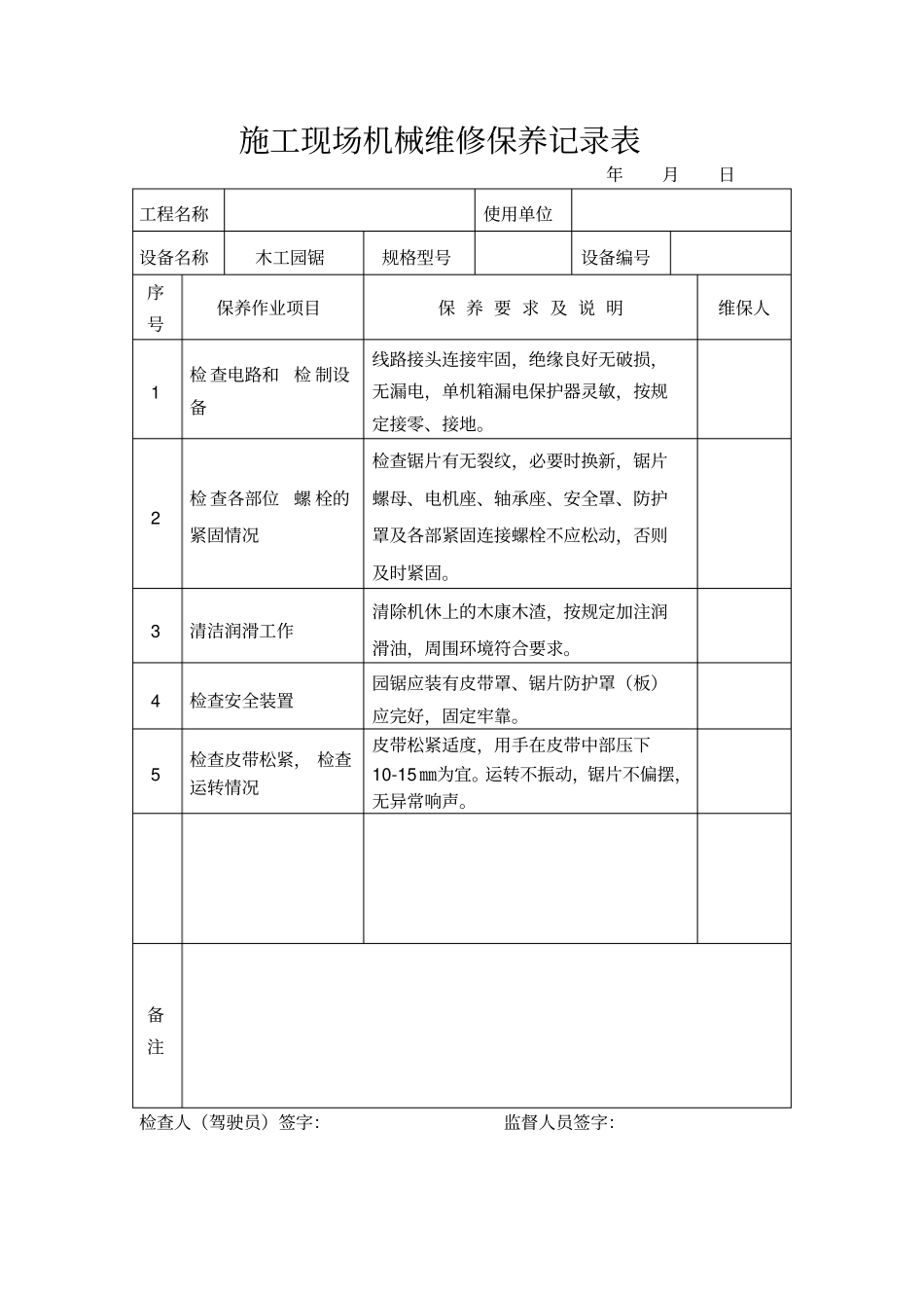 常见机械设备维修保养记录表(范本)_第2页