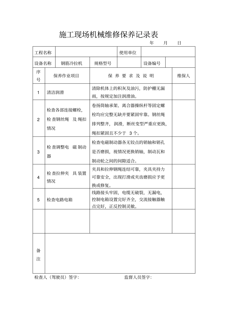常见机械设备维修保养记录表(范本)_第3页