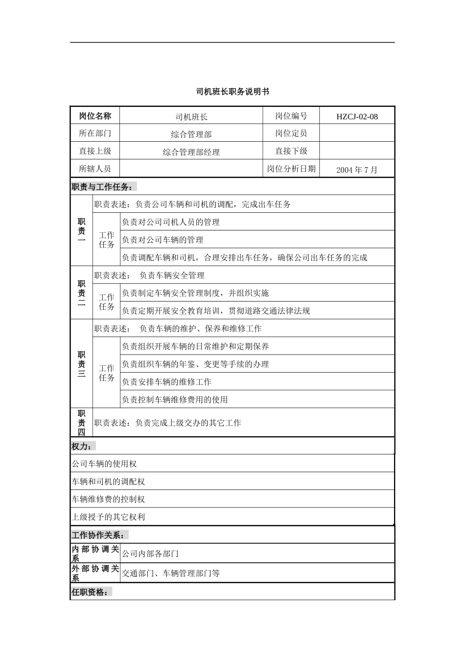 某建设发展公司司机班长职务说明书_第1页