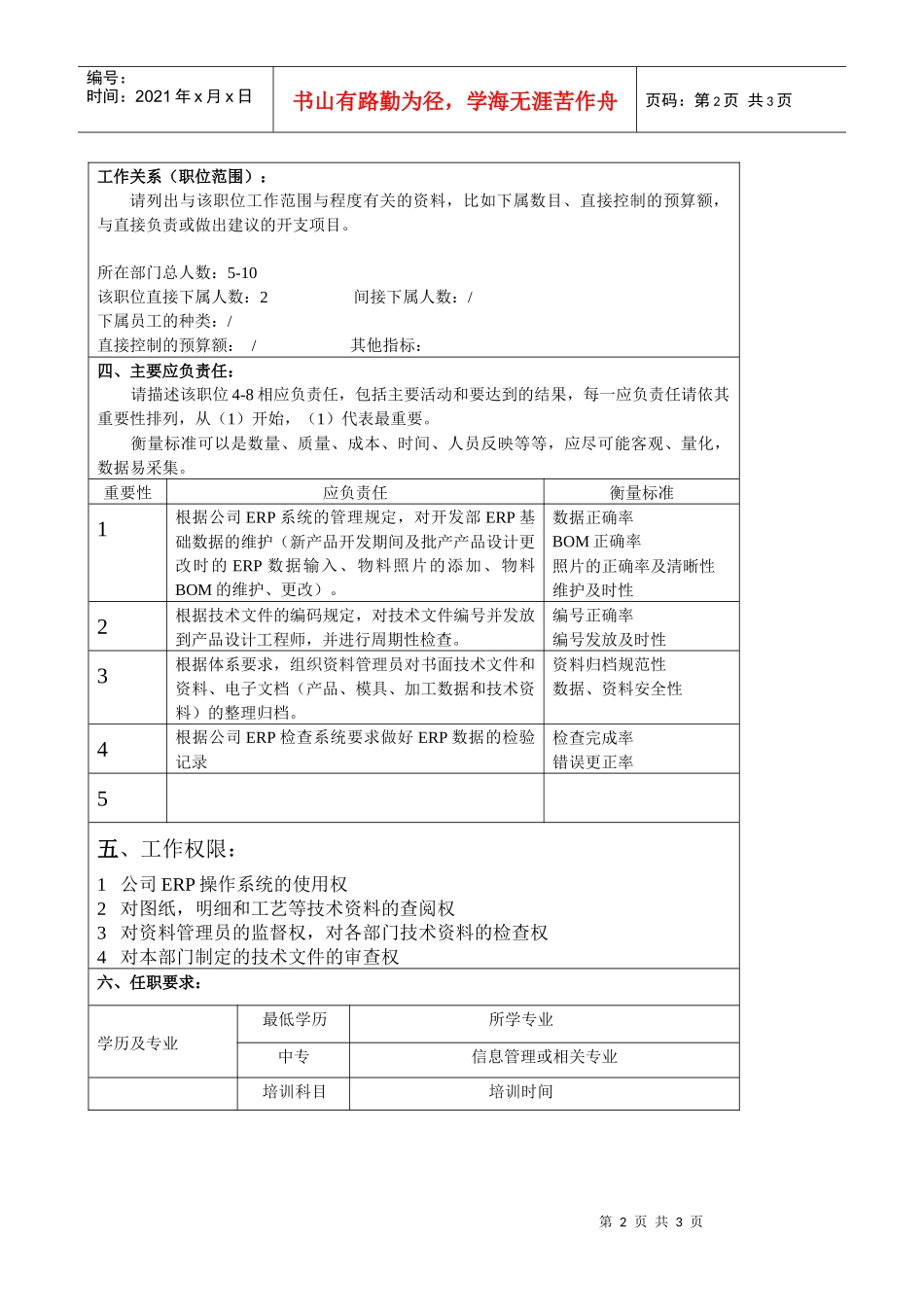 某大型汽车零部件公司产品开发部数据具工程师职位说明书_第2页