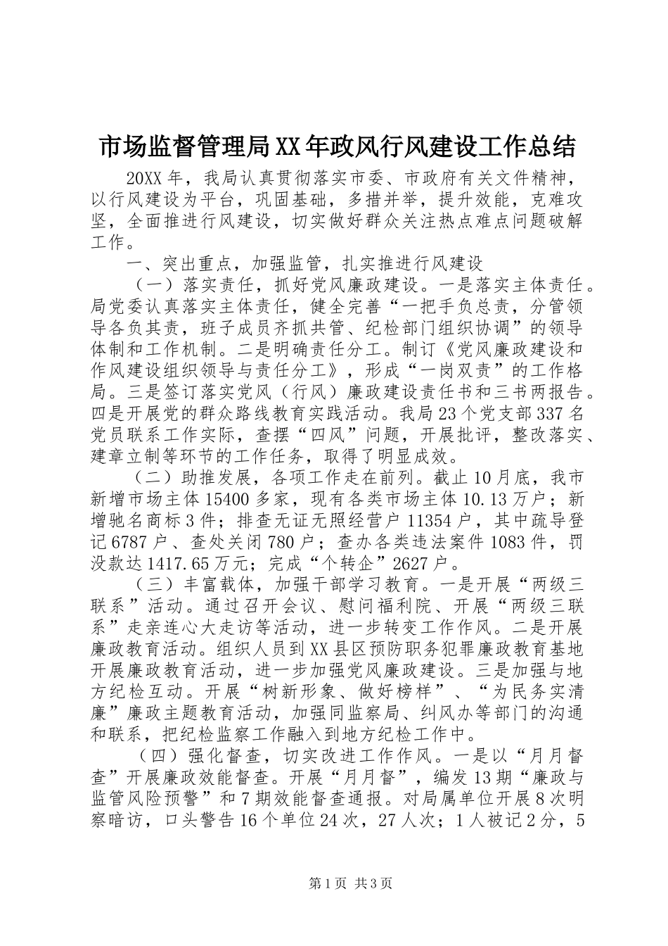 市场监督管理局政风行风建设工作总结_第1页