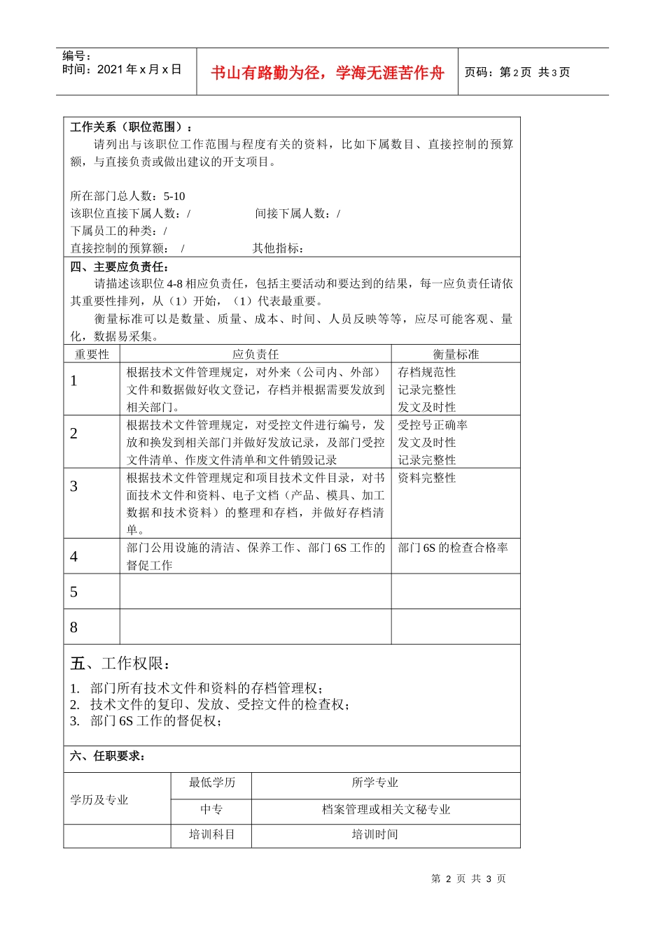 某大型汽车零部件公司资料管理员职位说明书_第2页