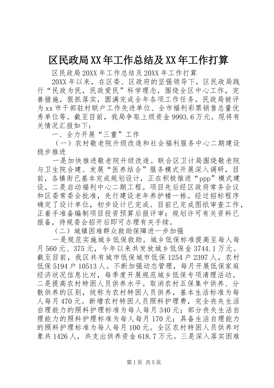 区民政局工作总结及工作打算_第1页