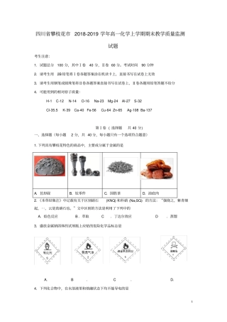 四川省攀枝花市2018-2019学年高一化学上学期期末教学质量监测试题