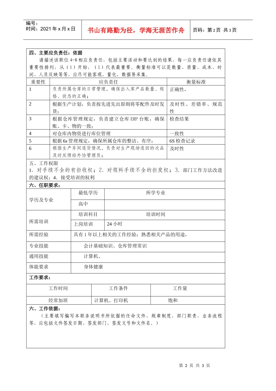 某大型汽车零部件公司供应部仓库管理员职位说明书_第2页