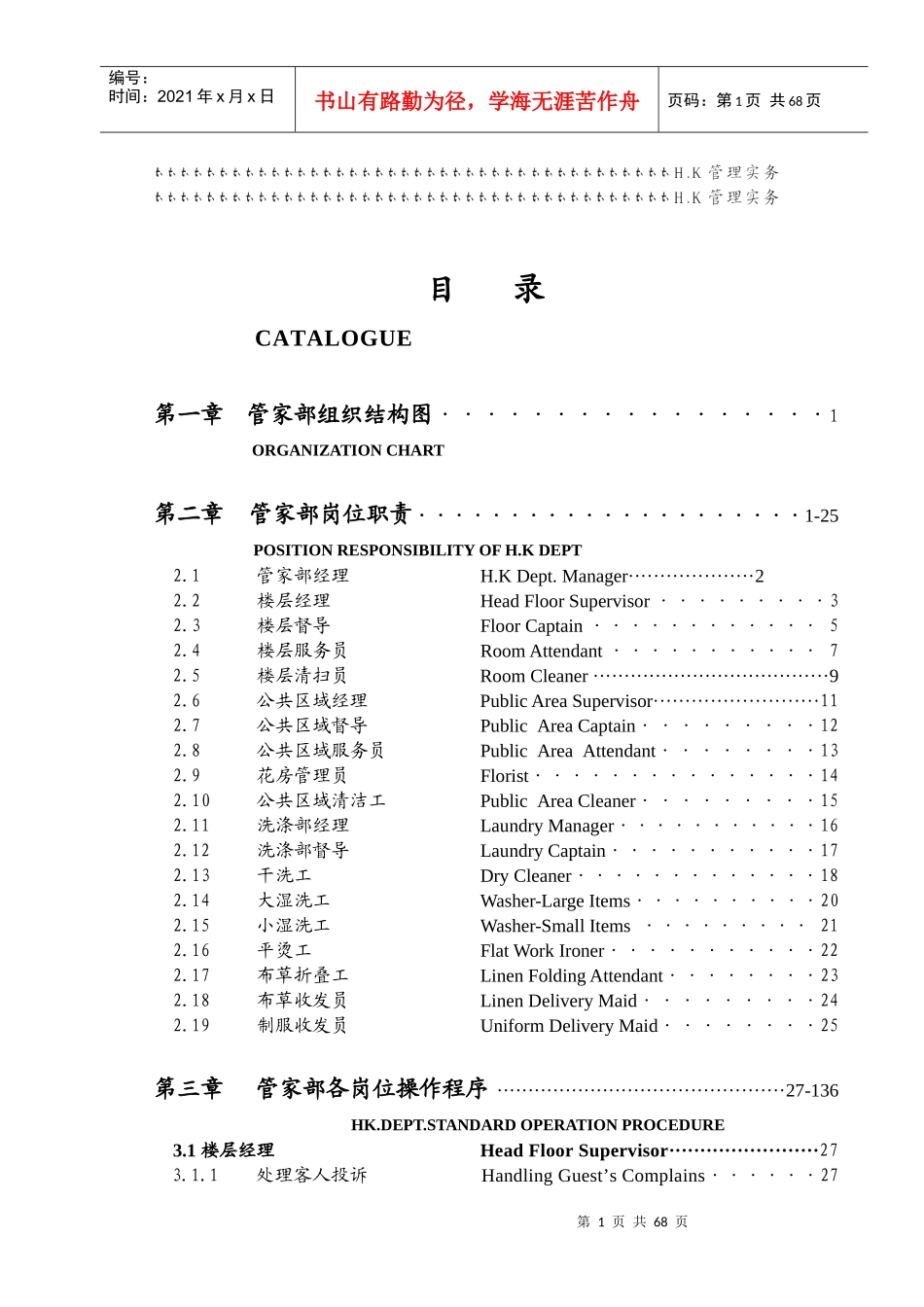 某大酒店管家部各岗位职责与管理制度_第1页