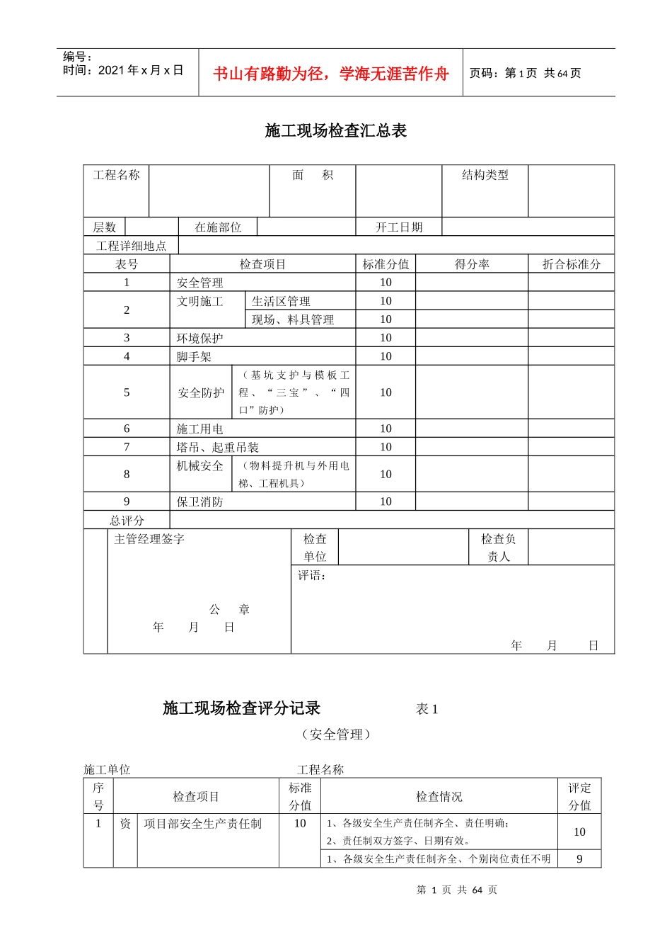 某建设公司施工现场检查评分记录表_第1页