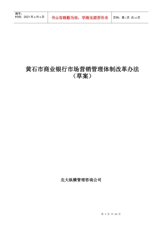 某市商业银行市场营销管理体制改革办法