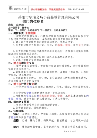 某小商品城管理有限公司部门岗位职责概述