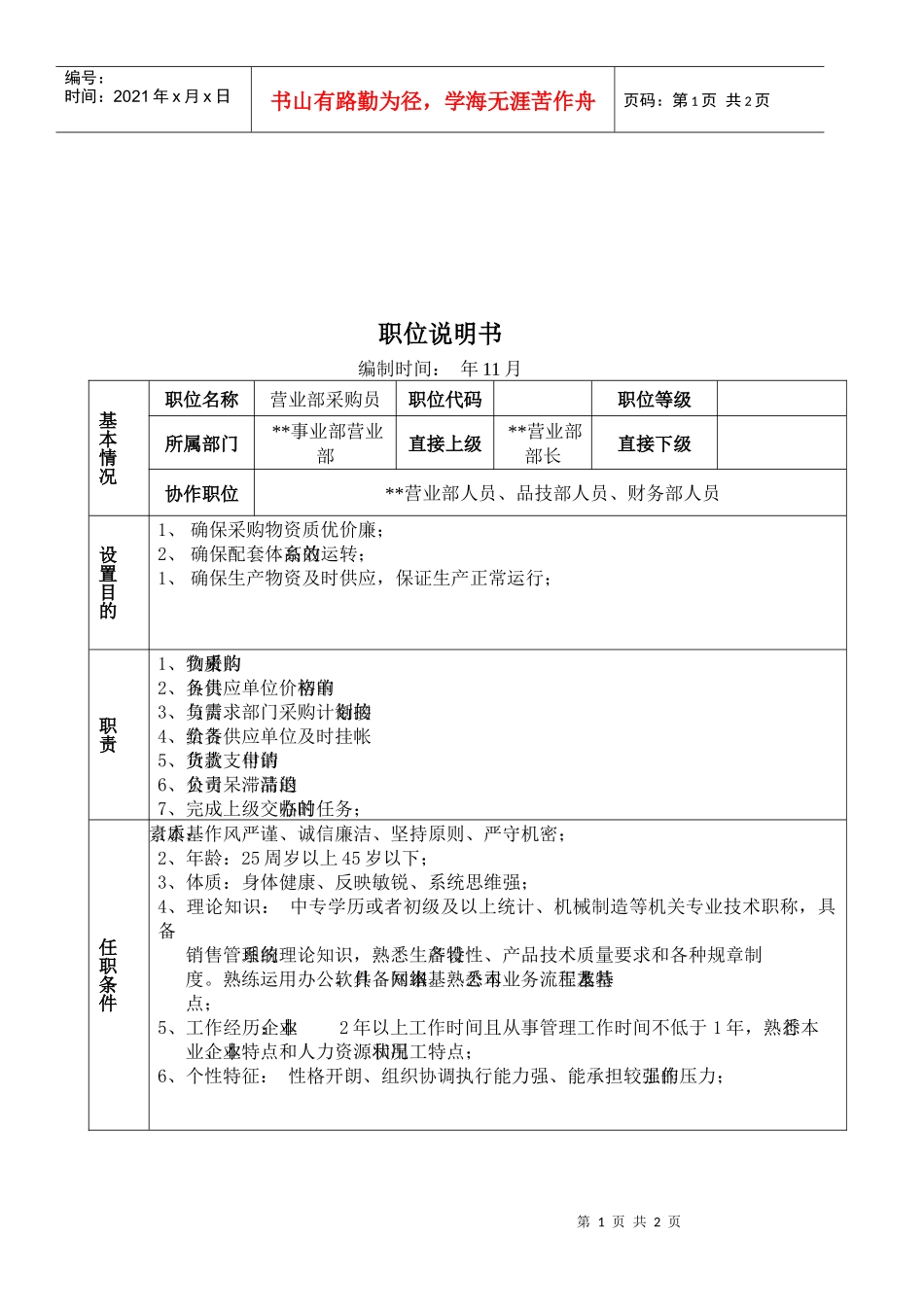 某大型摩配企业营业部采购员岗位说明书_第1页