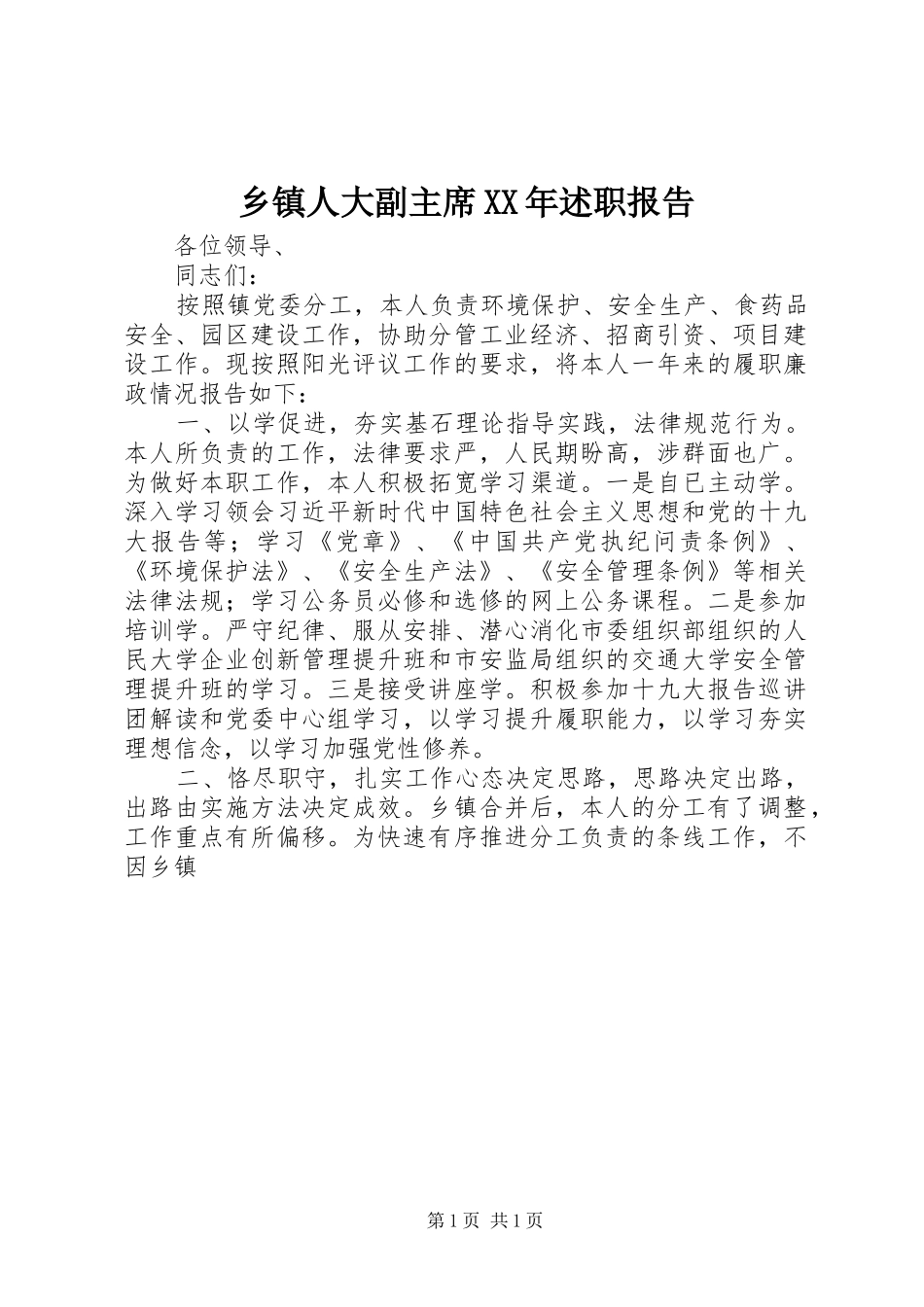 乡镇人大副主席述职报告_第1页