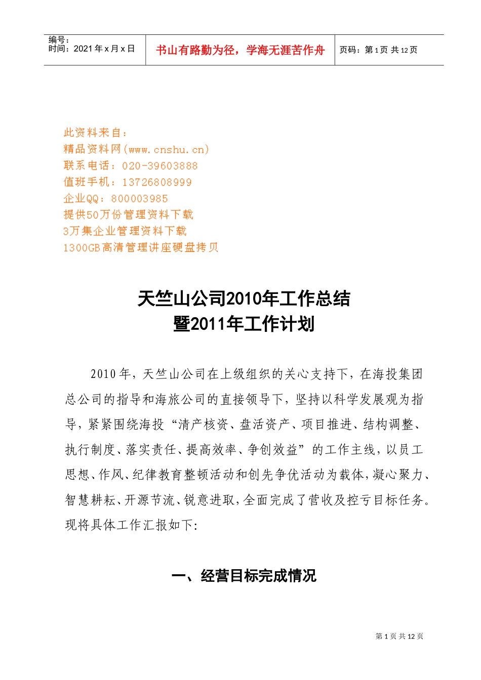 某某公司年度工作总结与工作计划_第1页