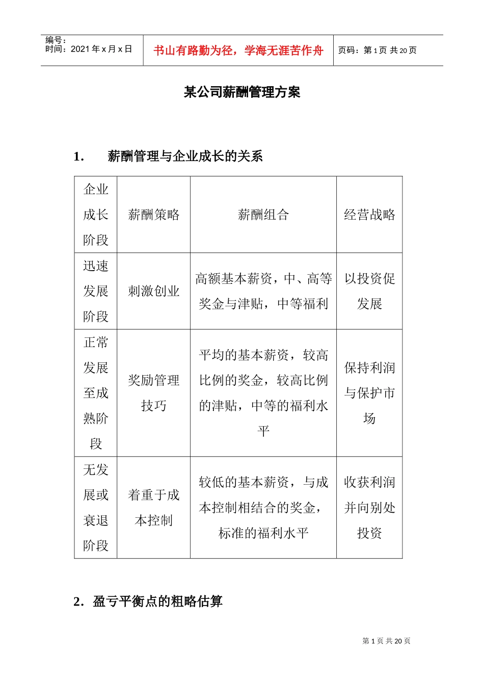 某某公司薪酬管理及管理知识方案_第1页