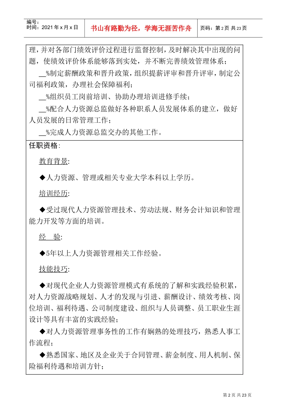 某某公司人力资源管理职位说明书_第2页