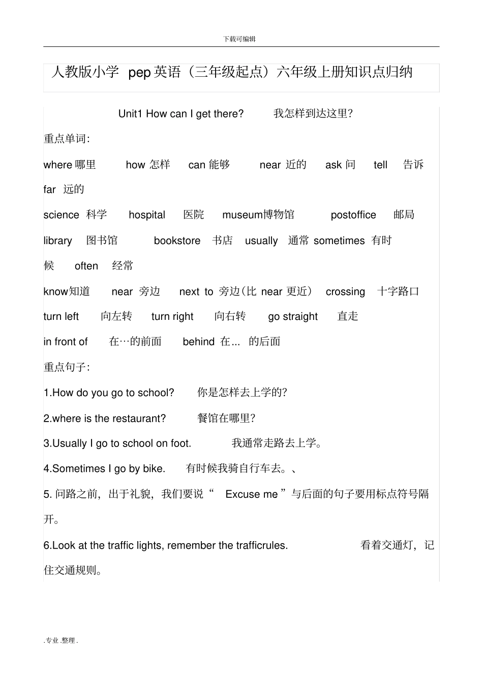 人版小学pep英语[三年级起点]六年级((上册))知识点归纳_第1页