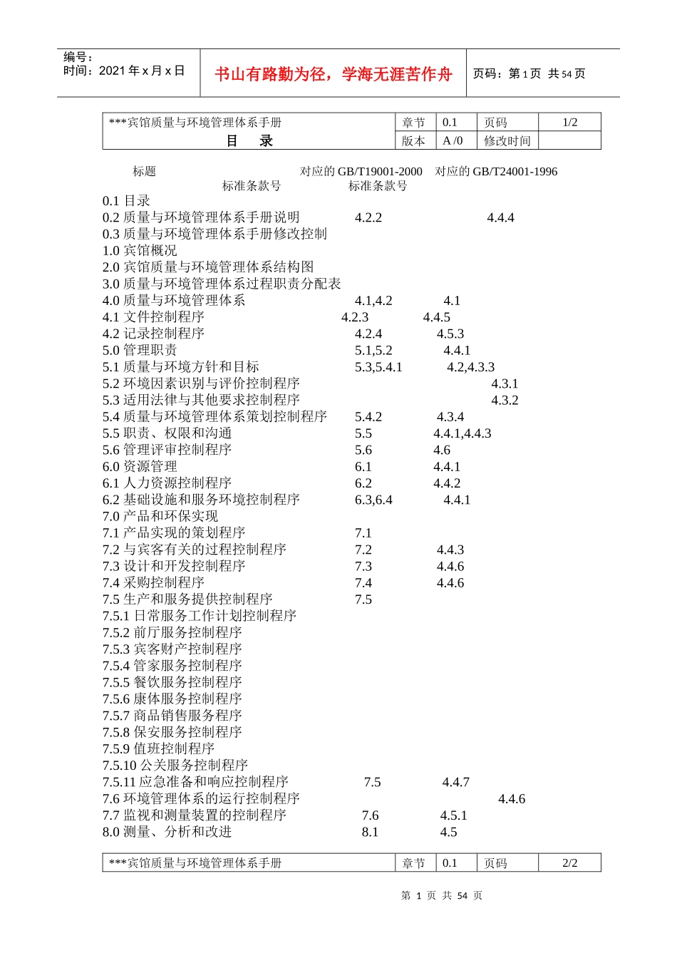 某某宾馆质量与环境管理体系手册（推荐doc56）_第1页