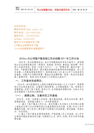 某某分公司客户服务部年度工作总结与工作计划