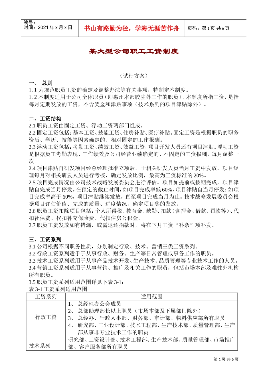 某某公司职工工资制度管理_第1页