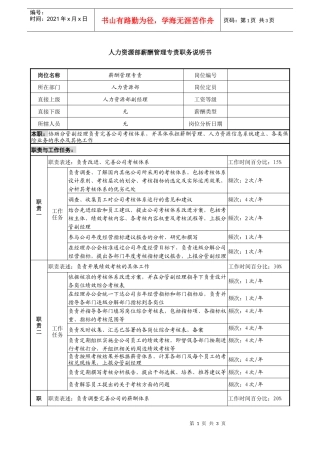 某投资公司人力资源部薪酬管理专责职务说明书